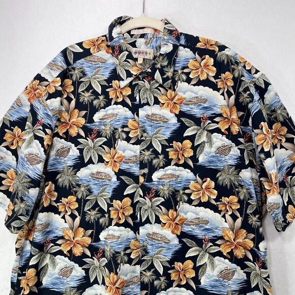 Vintage Campia Moda Shirt Men XXL Black Hawaiian Boat Ocean Cotton Aloha Floral - Picture 4 of 11